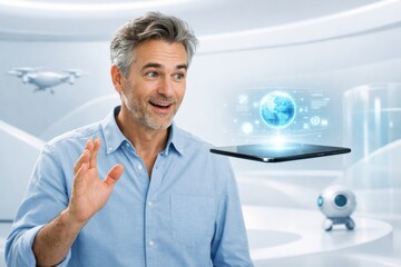 A man stands smiling in a futuristic environment, engaging with a holographic globe above a tablet while drones and a robot are present.