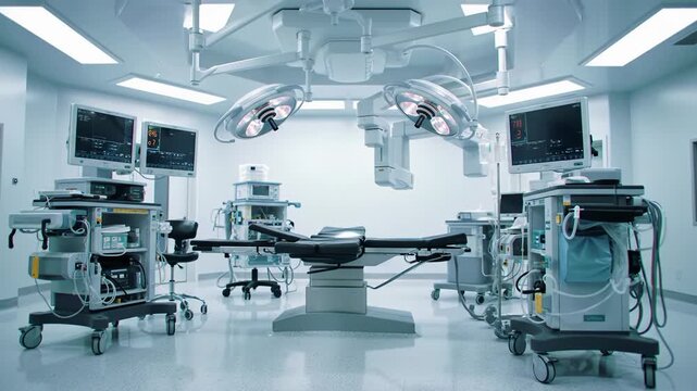 An empty, pristine, state-of-the-art operating room with central table, monitors, C-arm, and microscope, under cool lighting, concept of modern healthcare innovation.