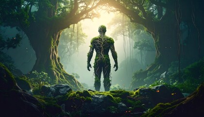 Mystical human figure covered in moss and vines standing in a lush forest with sunlight filtering through trees