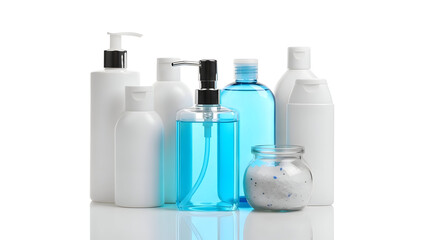 Collection of various cosmetic and skincare products in different bottles and containers on a white background