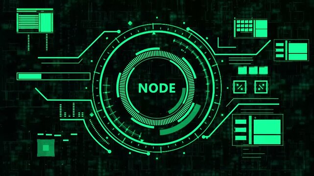 Futuristic high-tech digital HUD interface displaying a central network node in glowing cyan light - 4K motion graphics.