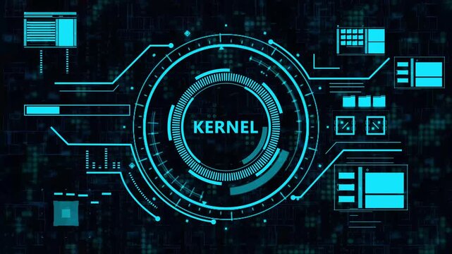 Futuristic cybernetic digital HUD interface displaying kernel data with pulsing neon green circular graphics - 4K loop