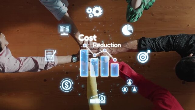A captivating scene featuring hands gathered around a digital display of cost reduction concepts, highlighting financial growth and strategic planning in a collaborative environment. Raster