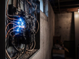 Electric spark and smoke from old circuit breaker box in dark basement fire hazard house maintenance repair insurance claim emergency safety background professional electricity