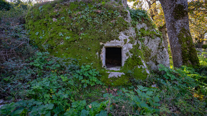 Prehistoric nuraghe stone structure rising from green landscape under dramatic sky in Sardinia