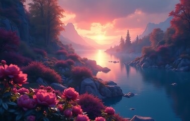 Magical Golden Lake Shoreline with Romantic Mountain Vista and Serene Clouds Artwork