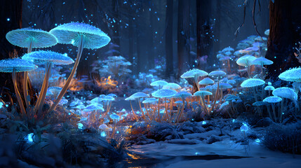 Ultra HD Enchanted forest with glowing blue mushrooms and sparkling bioluminescent plants, mystical night scene, fantasy landscape image