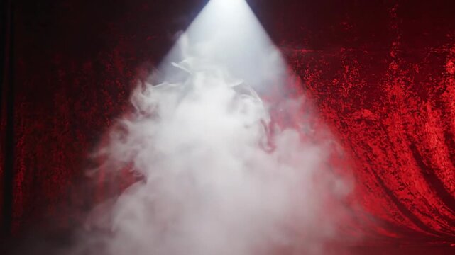 Dramatic light beam casting down on swirling white vapor with red backdrop