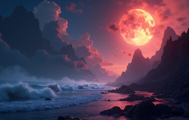 Majestic Dreamlike Twilight Shore with Dynamic Blue Waves and Vibrant Moon Glow Reflections