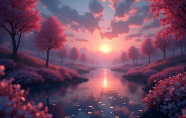 Majestic Ethereal Blossoms and Flowing Water with Magical Warm Colorful Palette Reflections