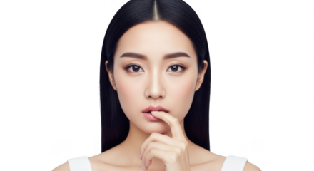 Young woman with long black hair touching her face with a thoughtful expression isolated on transparent background