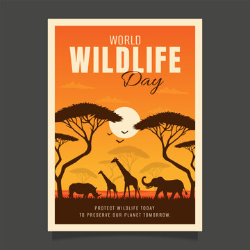 World Wildlife Day poster with african safari animals silhouettes elephant giraffe and rhino at sunset.