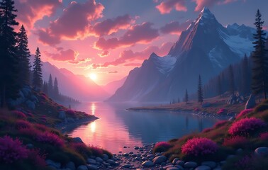 Majestic Snow Valley Pink Sunset with Golden Sky, Forest, Idyllic Flowers, and Rocks