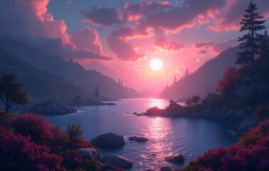 Majestic Vibrant Digital Artwork Dreamy Mountain Valley with Pink Blossoms, Clouds, Flowing Water