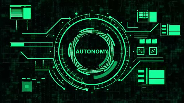 Futuristic digital interface hud displaying autonomy text with glowing blue circular graphics and data visualization elements.