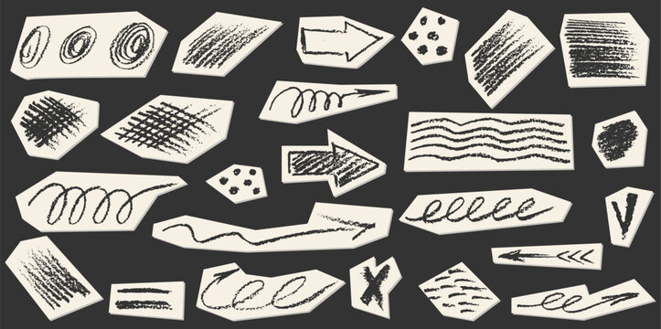 Crayon charcoal pencil hand drawing curly lines, splash, squiggles and shapes. Black elements on collage white cut paper. Grunge chalk crayon scribbles doodles textures. Rough crayon strokes.