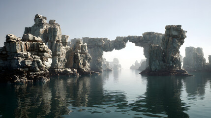 Ultra HD Majestic natural rock arch formation in tranquil water under a clear sky, with reflections on the calm surface, showcasing a serene coastal landscape image