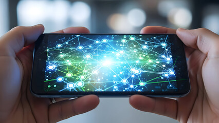 A person holding a smartphone with a vibrant network visualization on the screen