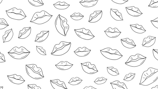 Minimalist pattern background featuring numerous black line outlines of human lips scattered across a plain white surface for fashion design.