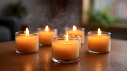 Five lit candles in glass holders emit warm light and gentle smoke creating a cozy and relaxing atmosphere on a wooden table