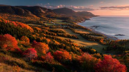 Ultra HD Vibrant autumn colors along the scenic coastline of cape breton island, nova scotia, canada, with mountains, forests, and the atlantic ocean at sunset image
