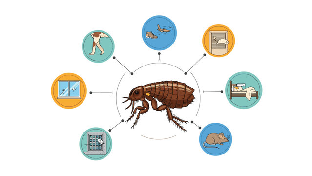 Infographic design featuring a central flea illustration connected to various locations like pets bedding and household furniture.