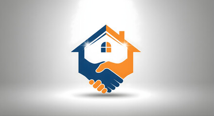 Corporate real estate logo design with blue and orange hands forming handshake inside house silhouette representing successful property deals trust partnership and professional brokerage services