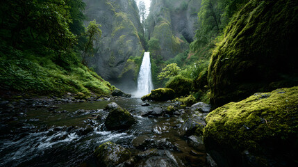 Ultra HD Majestic waterfall cascading down a verdant canyon, surrounded by lush green foliage and mosscovered rocks, creating a serene natural landscape image