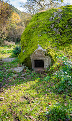 Prehistoric nuraghe stone structure rising from green landscape under dramatic sky in Sardinia
