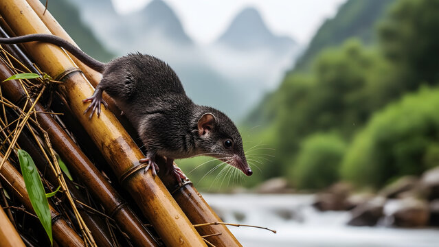 Small Shrew- Like Mammal on Bamboo Poles with Mountain Landscape rodent small animal
