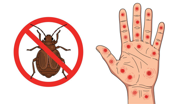 Educational illustration showing a bed bug in a prohibition sign next to a human hand with numerous red bites and skin irritation.