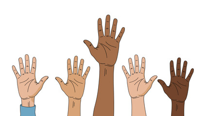 Obraz premium Group of five human hands with different skin colors raised together against a white background symbolizing diversity and togetherness.