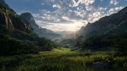Ultra HD Majestic tropical valley at sunrise with lush green mountains and vibrant foliage under a dramatic sky, a breathtaking natural landscape image