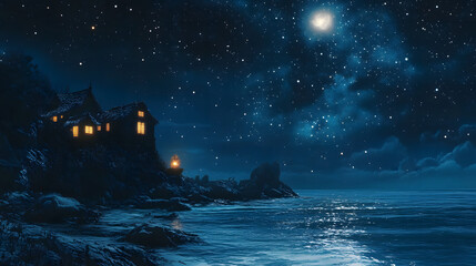 Ultra HD Magical night scene with a cozy house by the ocean under a brilliant starry sky and full moon, tranquil coastal landscape image