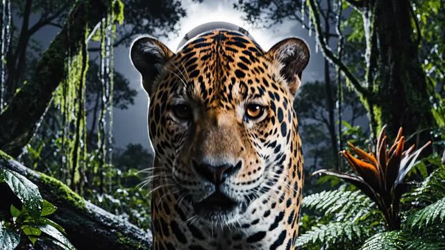 A serene digital illustration of a centered leopard gazing forward in a tranquil overcast forest, surrounded by green ferns, moss‑covered trees, orange‑underside leaves, and calm wildlife foliage