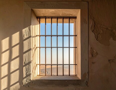 Ventana con rejas con luz solar proyectando sombras