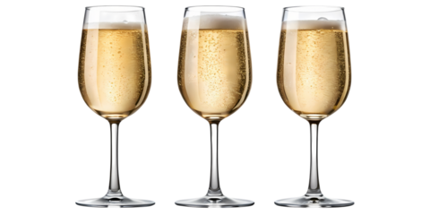 Three Elegant Champagne Flutes Filled with Bubbly Sparkling Wine on White Background
