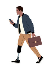 Flat minimalist illustration of a young man with a prosthetic leg walking and using a smartphone, modern professional style, clean lines, transparent background.