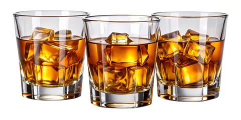 Three glasses of amber whiskey with ice cubes, studio shot on white background, refreshing alcoholic drink