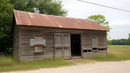 Weathered Gray Wooden Shed With Rusty Corrugated Metal Roof In Open Rural Grassland weathered wooden shed