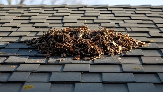 Dry twigs and brown leaves piled on dark gray roof shingles in closeup view