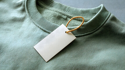 Ultra HD Blank price tag on green tshirt, closeup clothing label mockup for fashion brand, retail, or sale concept empty space for text image