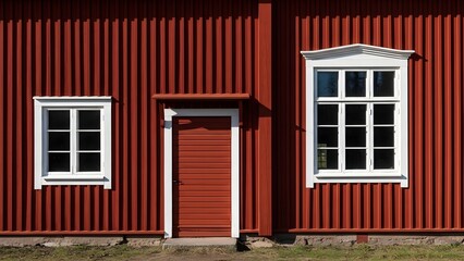 Red Wooden Siding Exterior Wall with Two White Framed Six Pane Windows and Center Door