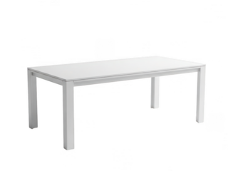 A minimalist white rectangular table with sleek metal legs isolated on transparent background