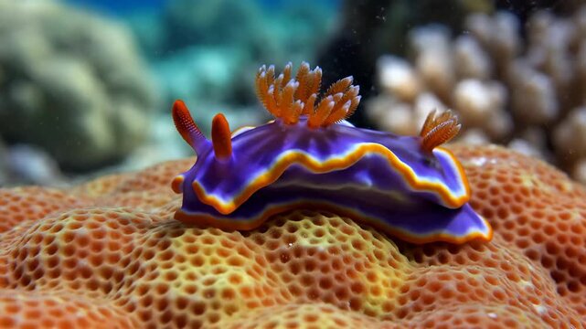Closeup view of a blue sea slug with orange outline and feathery cerata, perched on textured orange coral with yellow‑red spots, captured underwater on a tranquil reef, showcasing marine serenity