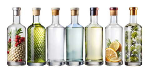 Six Assorted Gin Bottles with Botanicals and Citrus Isolated on White Background, Studio Shot
