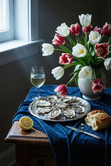 Luxurious Dutch still life with fresh oysters, white wine, tulips and lemon on blue velvet