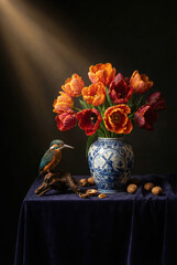 Classic Dutch still life with orange tulips in delft blue vase and kingfisher bird