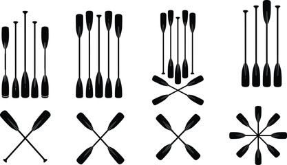 Black boat oar and paddle silhouettes set featuring crossed oars, rowing equipment, nautical symbols, water sports gear, canoeing and kayaking icons.