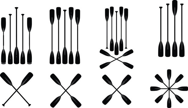 Black boat oar and paddle silhouettes set featuring crossed oars, rowing equipment, nautical symbols, water sports gear, canoeing and kayaking icons.